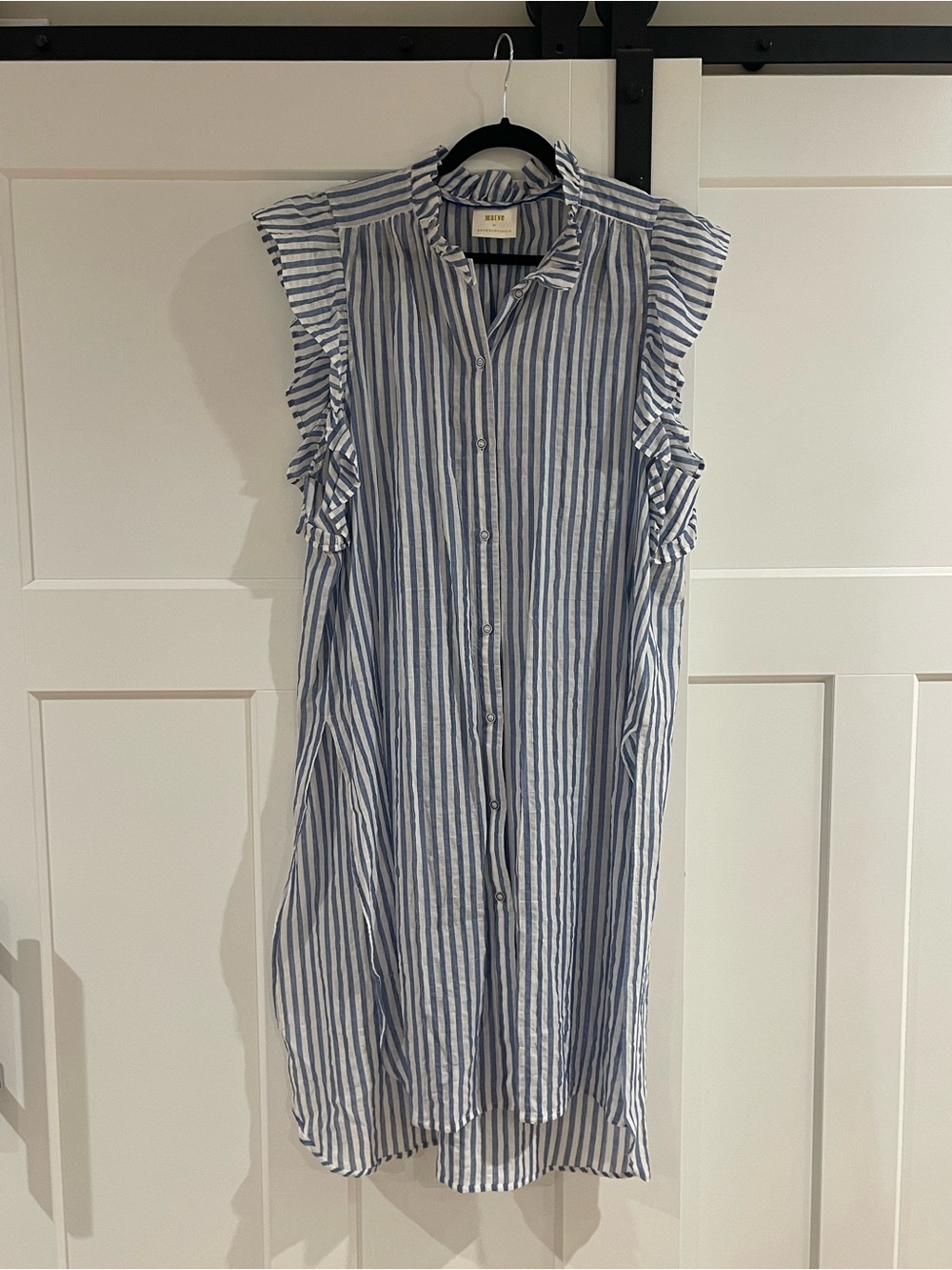 Women’s Blue & White Striped Button-Front Longline Shirt